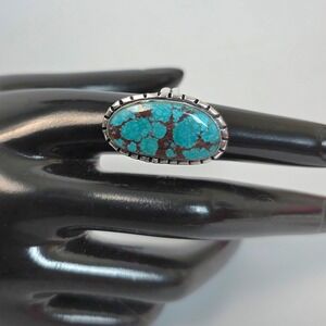Tibetan Handmade Oval Turquoise  Ring Silvertone Size 6.5 Boho Southwestern